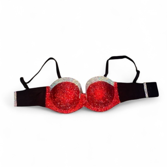 Iridescent Crystal AB Diamond & Siam Red Fancy Strapless Bralet All Sizes New - Picture 3 of 10